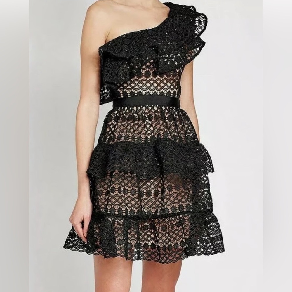 Self-Portrait Black Lace One-Shoulder Dress